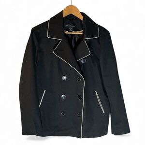 H5- New York & Company Black Dress Coat Peacoat Large with White Piping